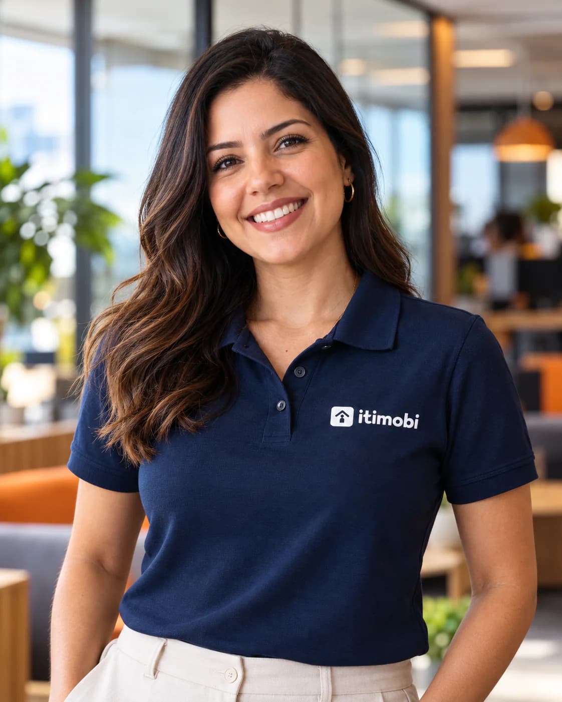 Imagem institucional de uma profissional sorrindo com a camisa da Itimobi