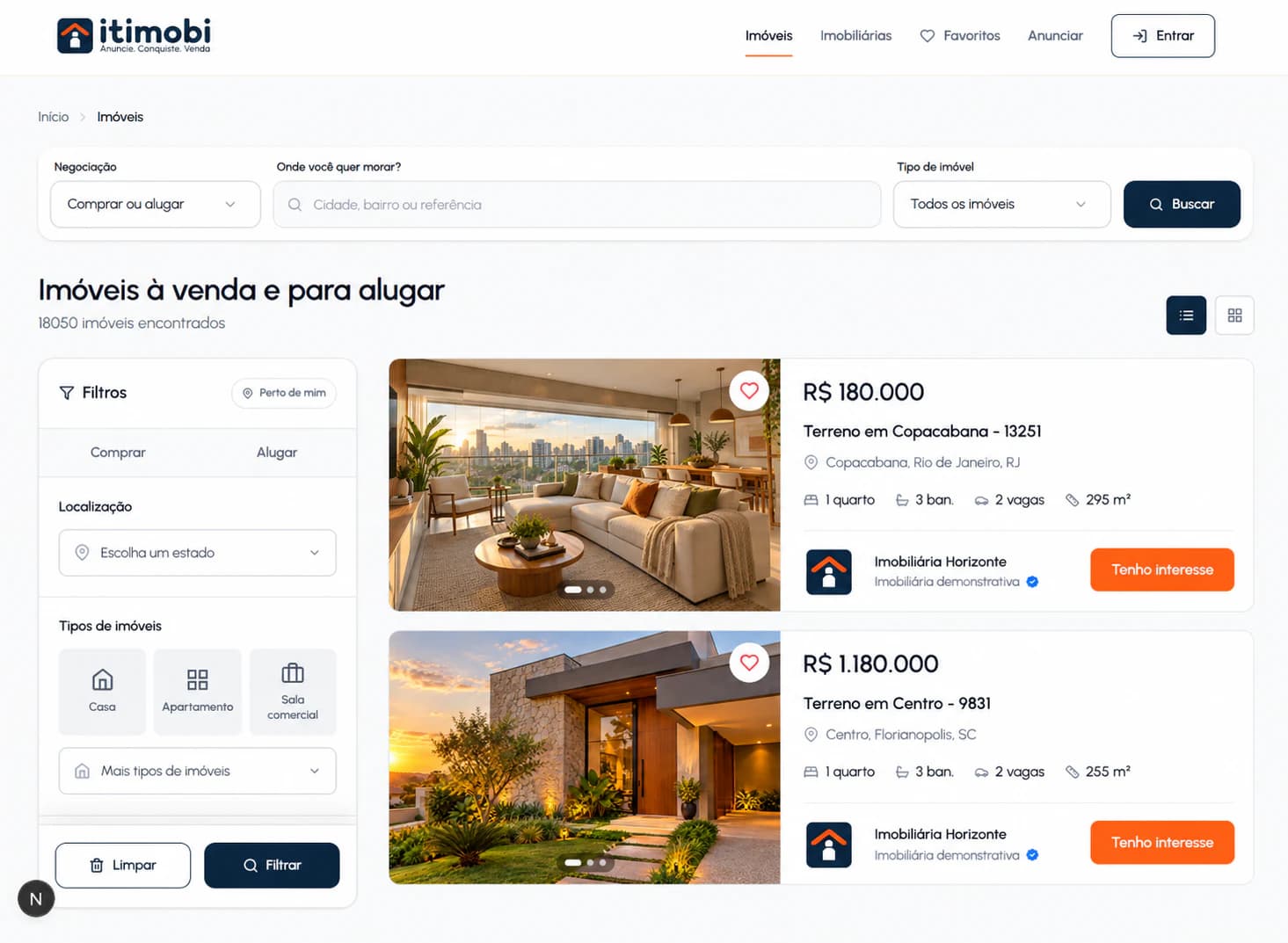 Tela real do Marketplace Itimobi com busca, filtros e imóveis disponíveis